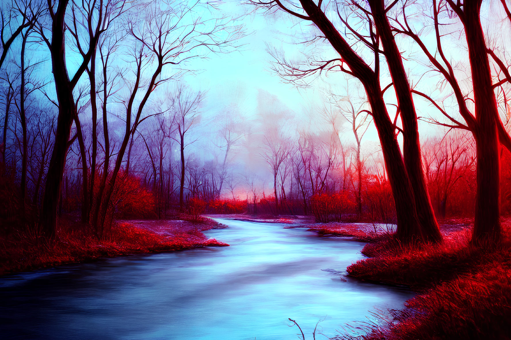 Surreal landscape with winding river and bare trees under hazy blue and red sky