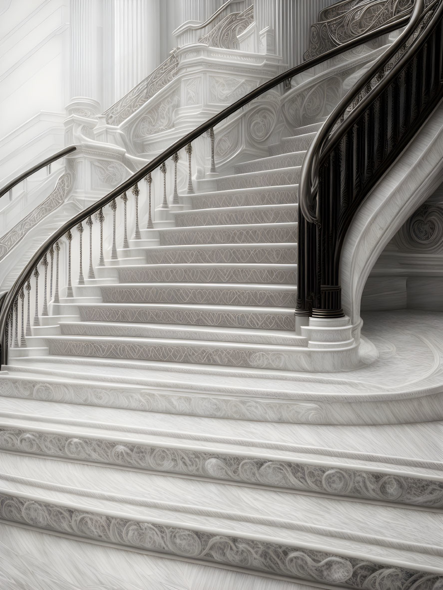 Luxurious interior featuring elegant white marble staircase with intricate patterns