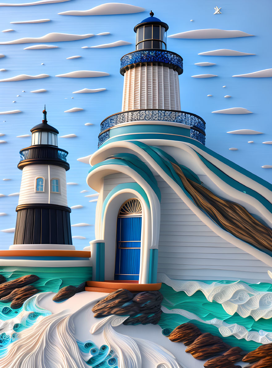 Surreal stylized lighthouse illustration with blue and white patterns on sculpted seafront under textured