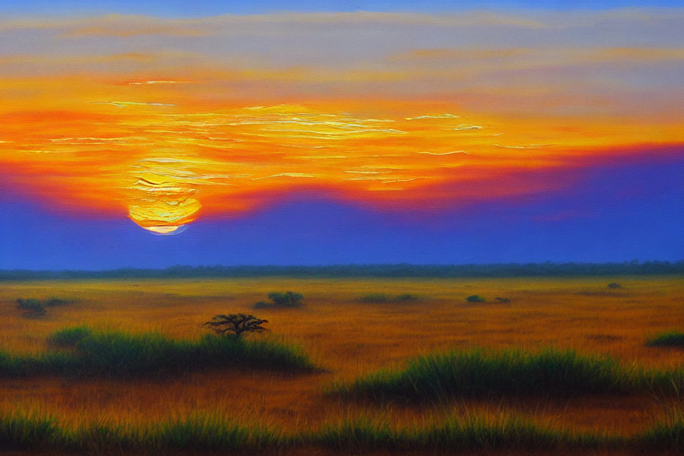 Colorful African savanna sunset painting with large sun, clouds, and tree silhouettes.