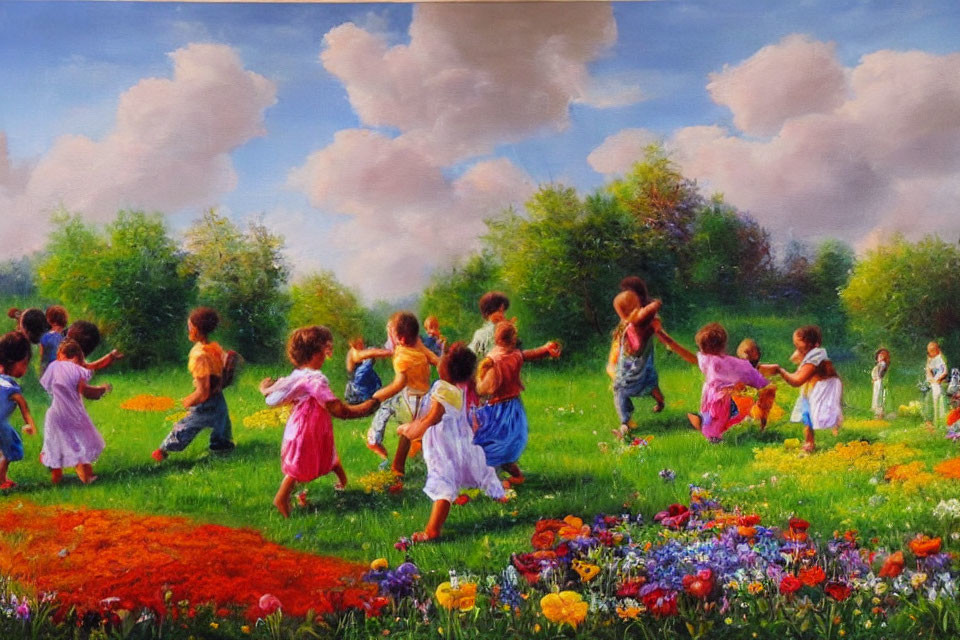 Colorful Painting of Children Playing in Flower Meadow