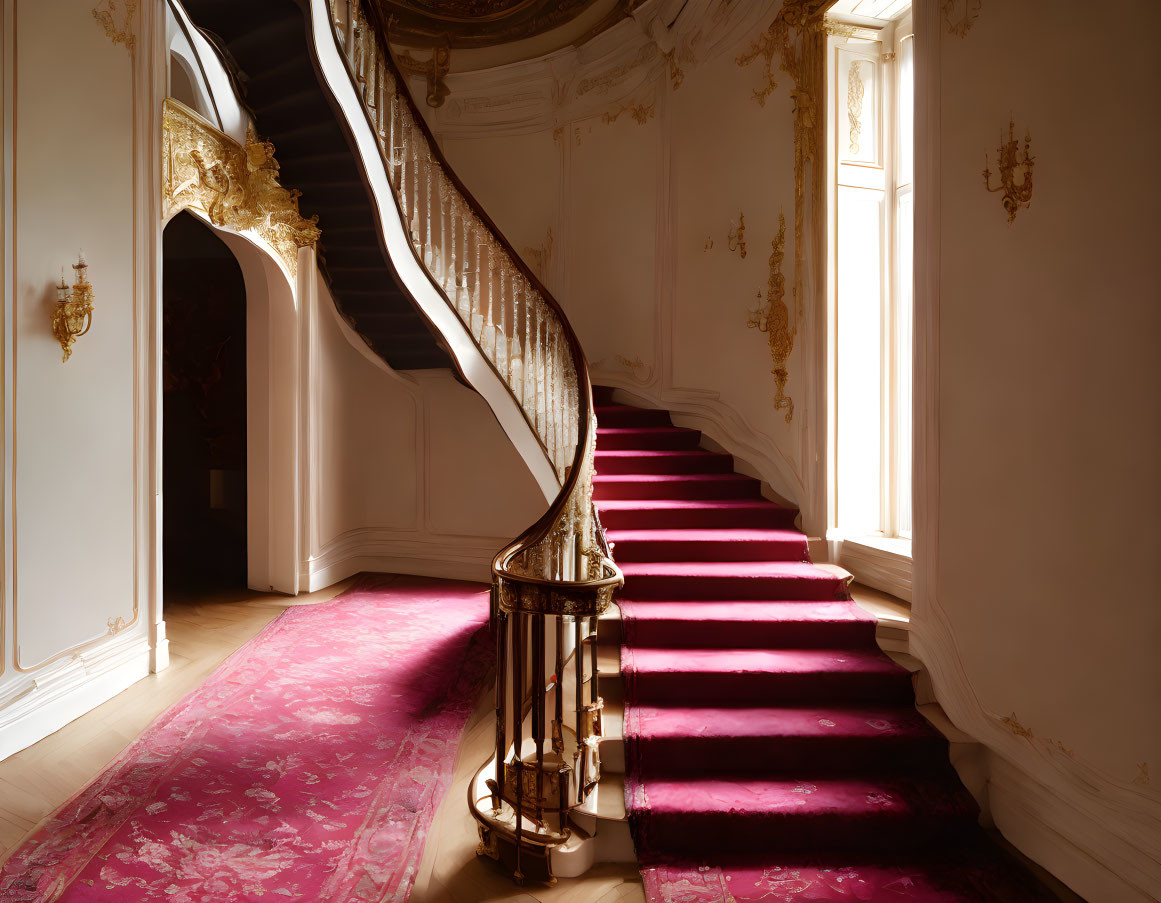 Luxurious room with elegant spiral staircase and golden balustrades