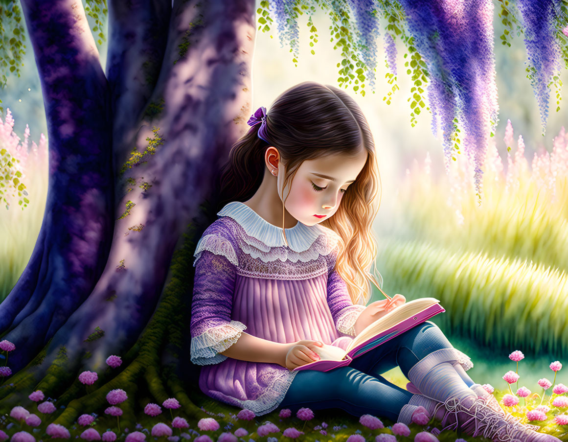 Young girl reading book under sunlit tree in tranquil meadow with purple flowers