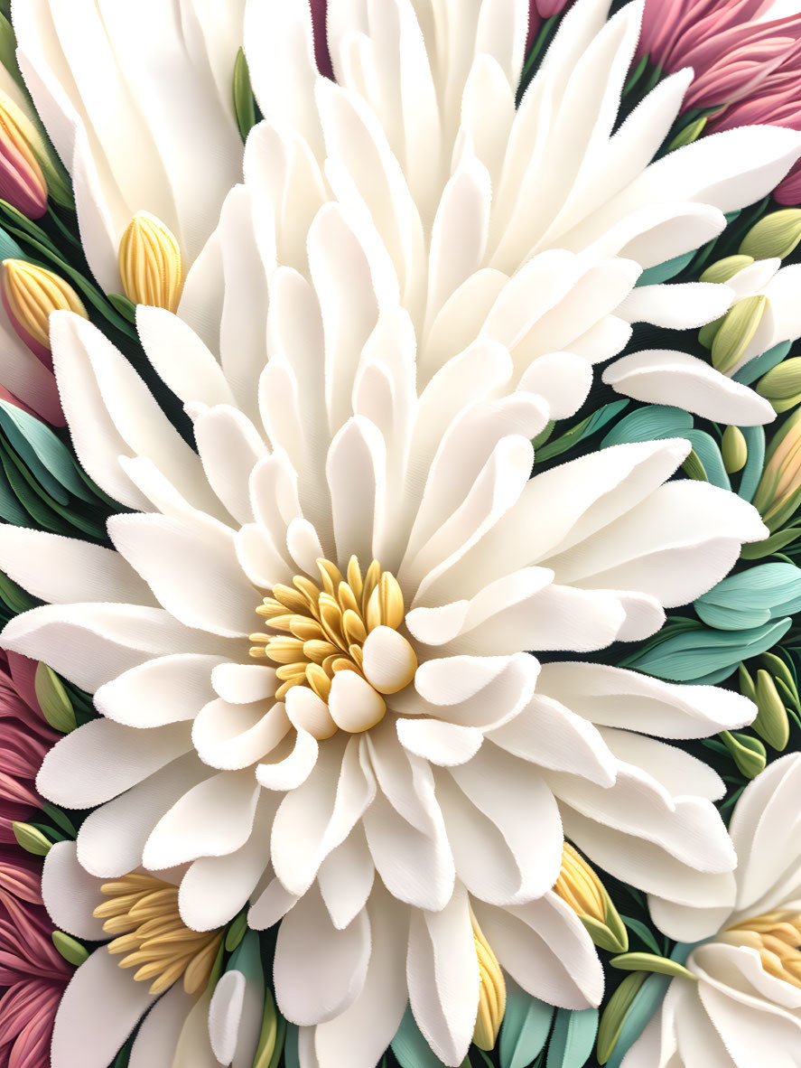 Detailed Floral Design with Layered White Petals and Colorful Textured Leaves