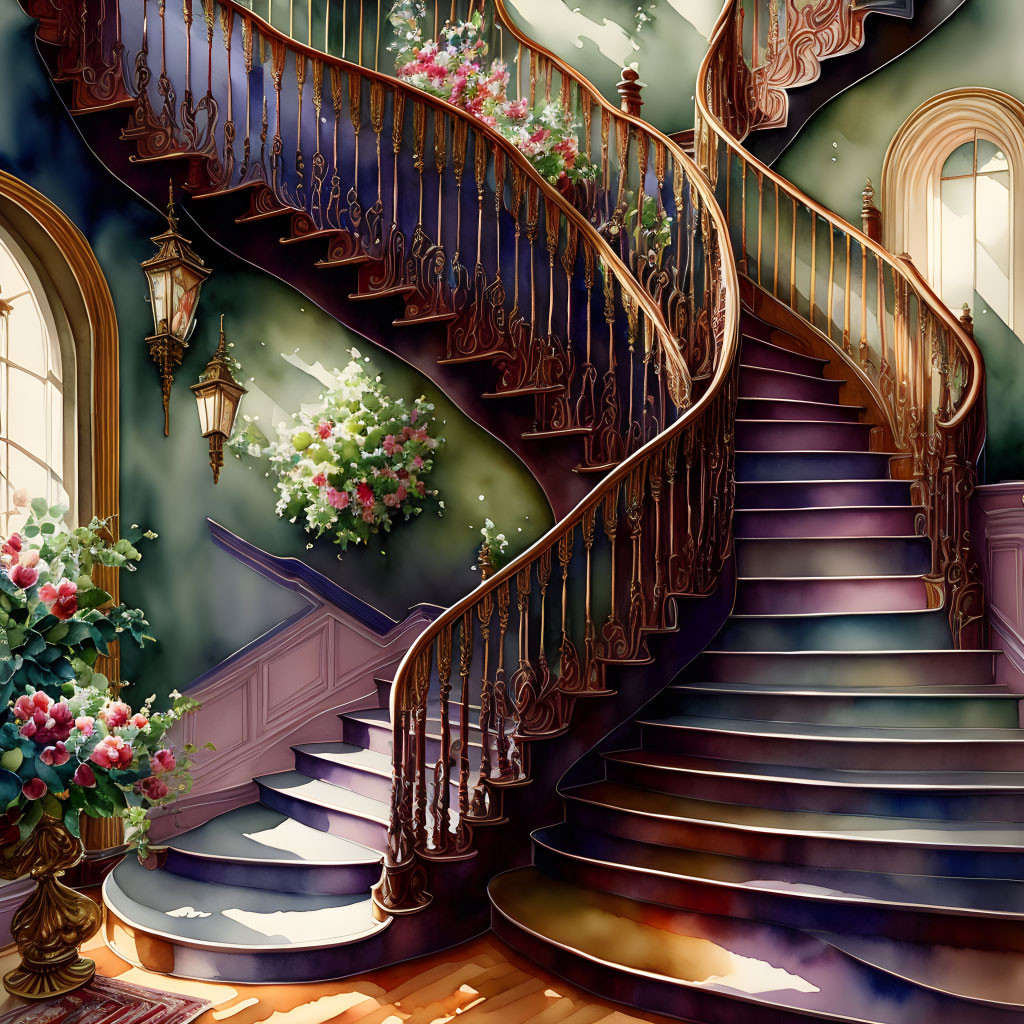 Elegant staircase with wooden banisters, blooming flowers, lamps, and sunlight.