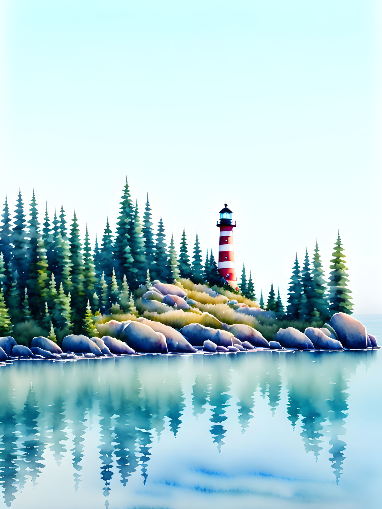 Tranquil red and white lighthouse by pine forest and water reflection