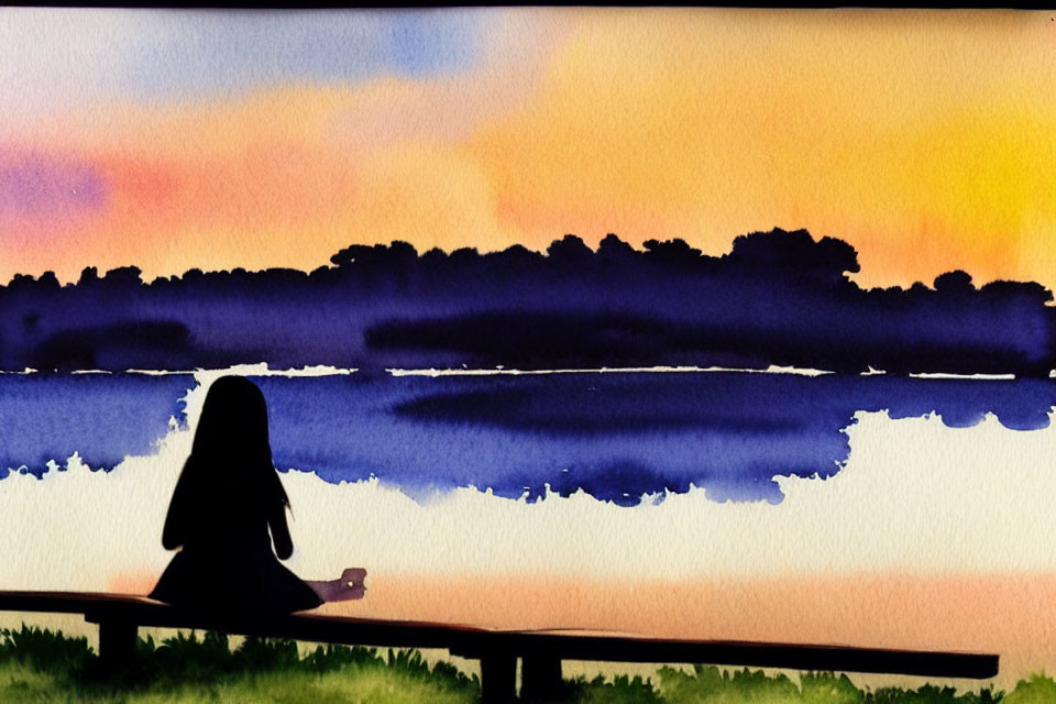 Silhouette of person on bench by water with vibrant sunset