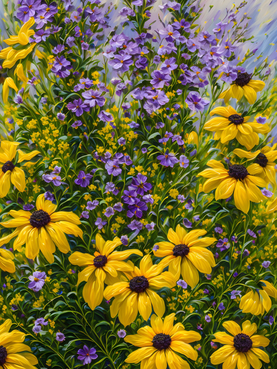 Colorful garden painting with yellow and purple flowers