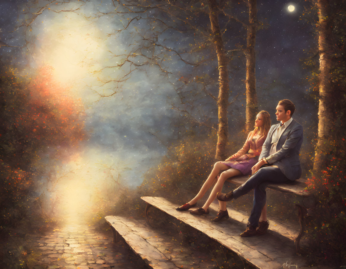 Man and woman on bench in wooded area gazing at ethereal light among trees