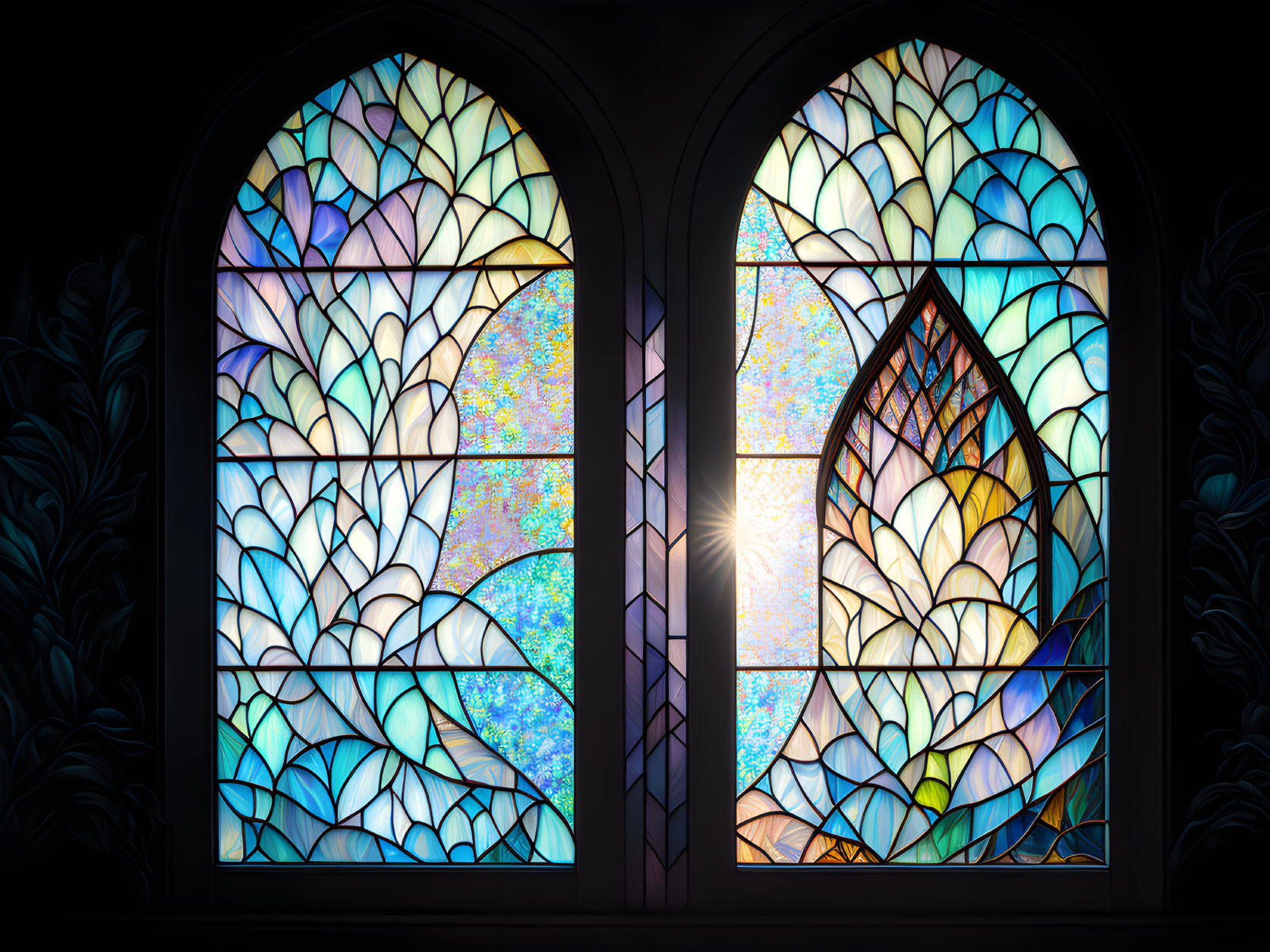 Stained Glass Windows with Blue and White Floral Pattern