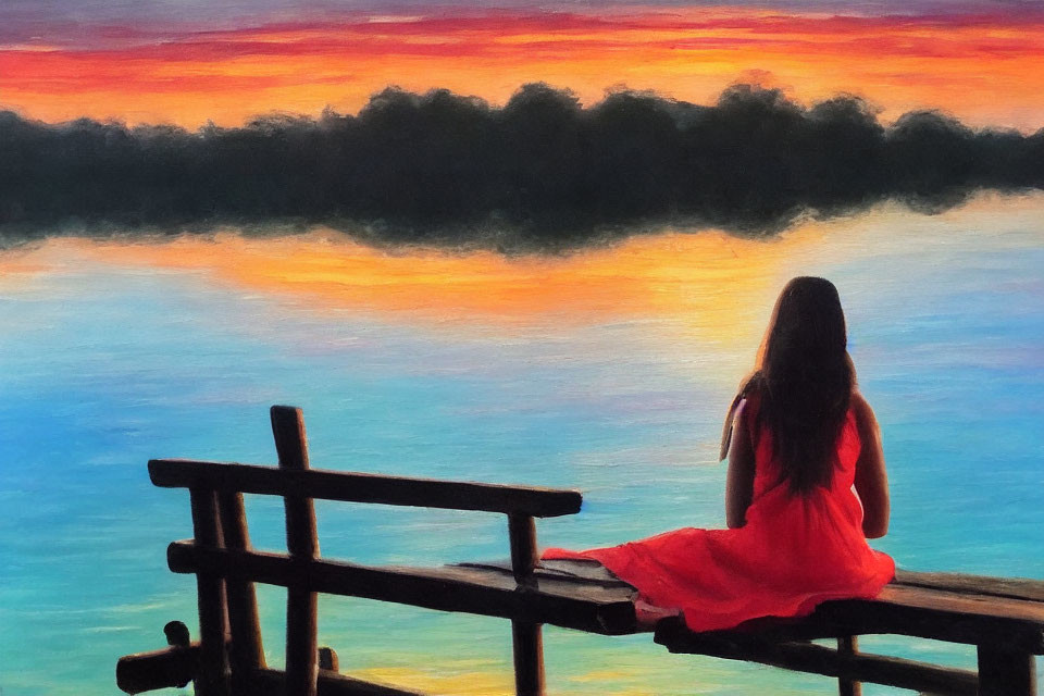 Person in red dress on wooden dock gazing at sunset reflection on water