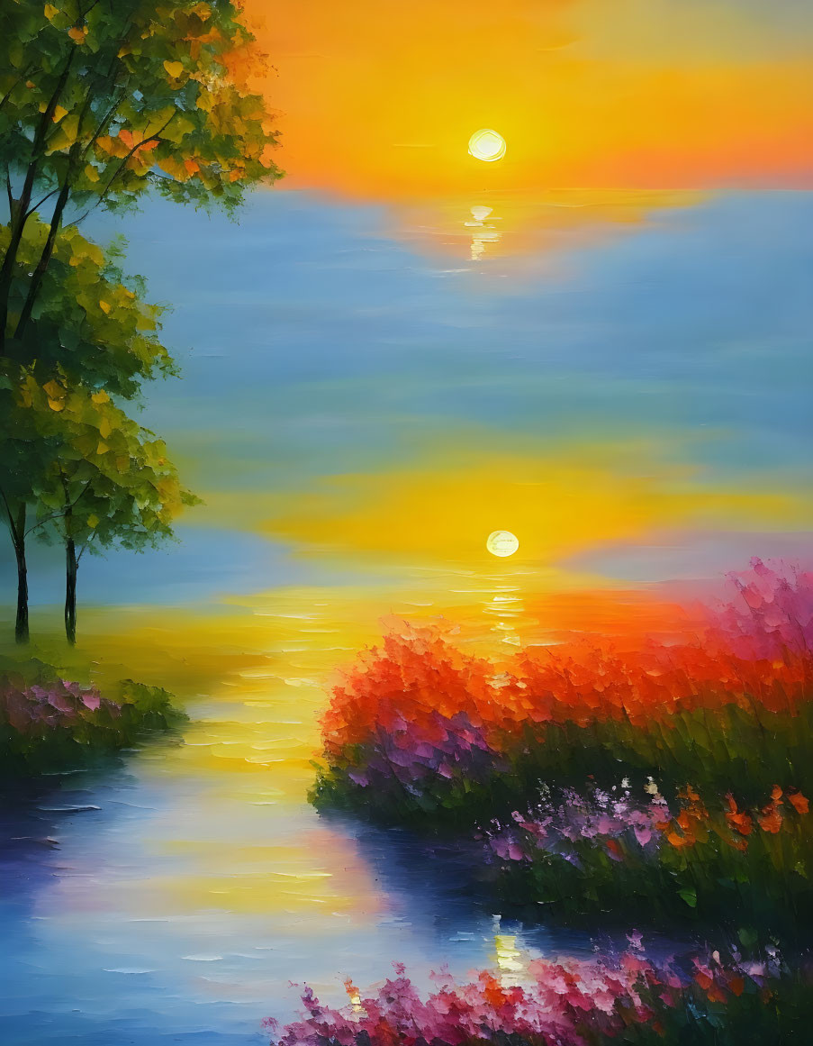 Vibrant sunset painting with colorful reflection on water and trees