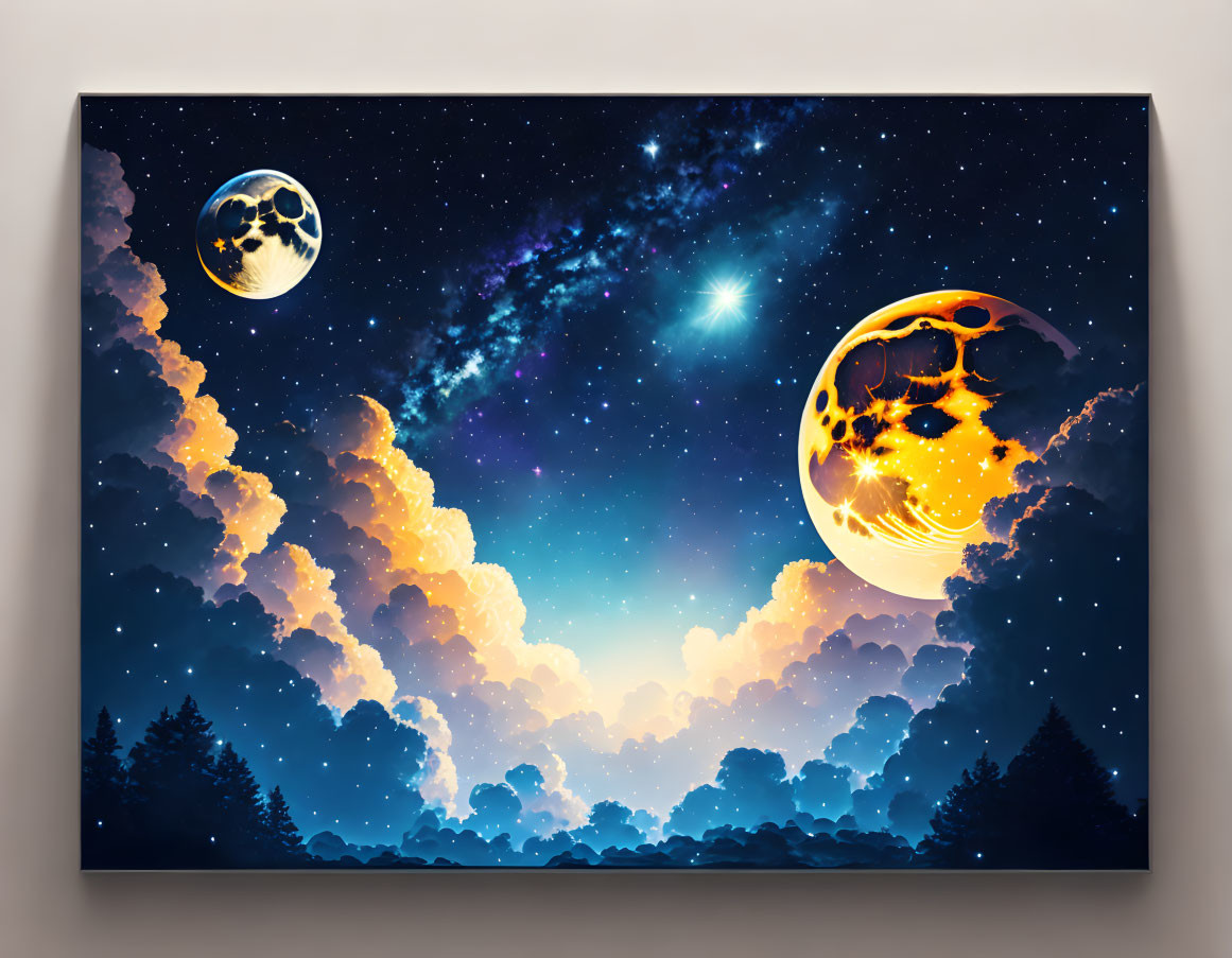 Digital Art: Surreal Sky with Moons, Skull Imprint, Orange Clouds, Silhou