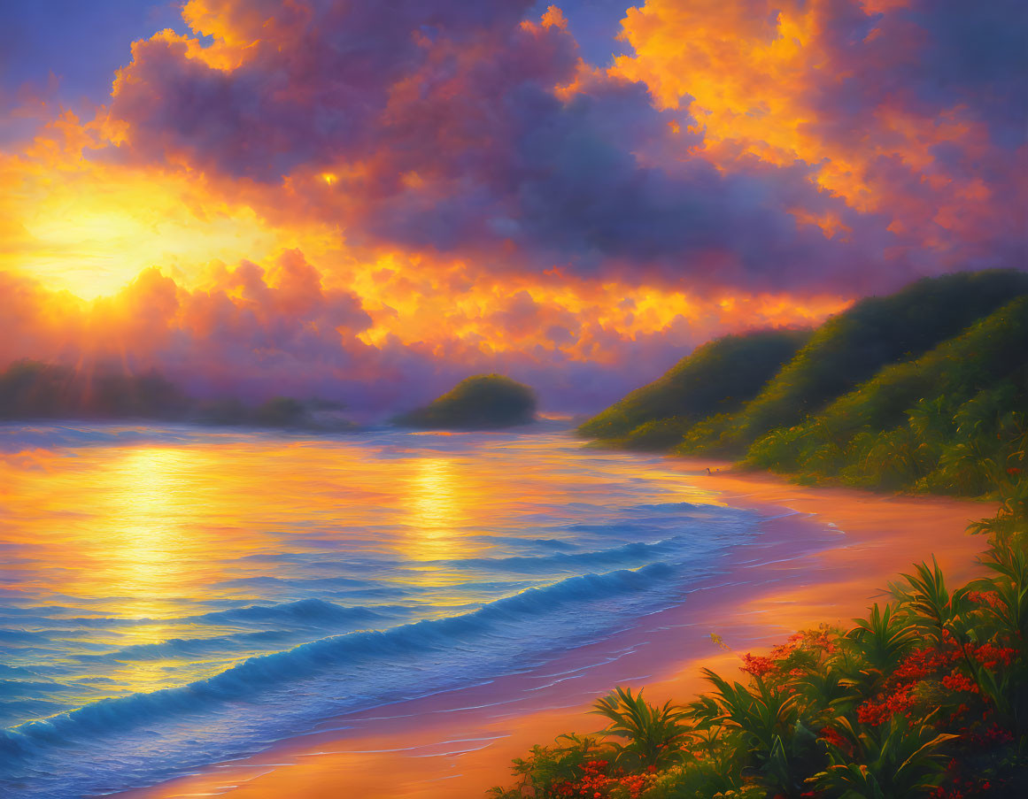 Tranquil beach sunset with colorful sky and lush greenery