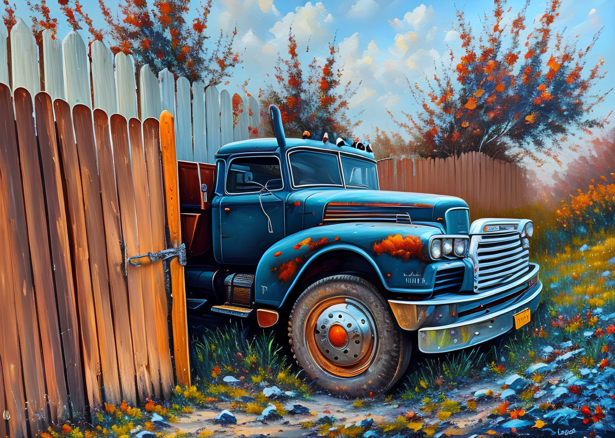 Vintage blue truck with flame patterns parked near wooden fence in autumn setting