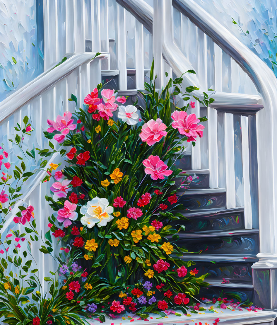 Colorful Flower-Adorned Staircase Painting on Blue Background