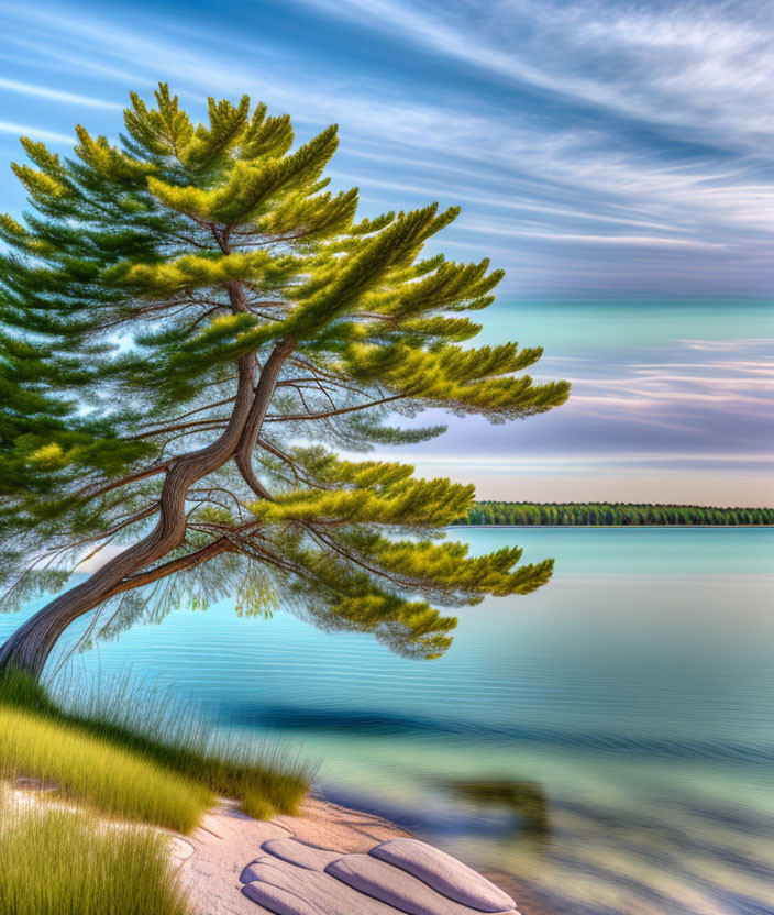 Tranquil lakeside landscape with leaning pine tree and blue sky