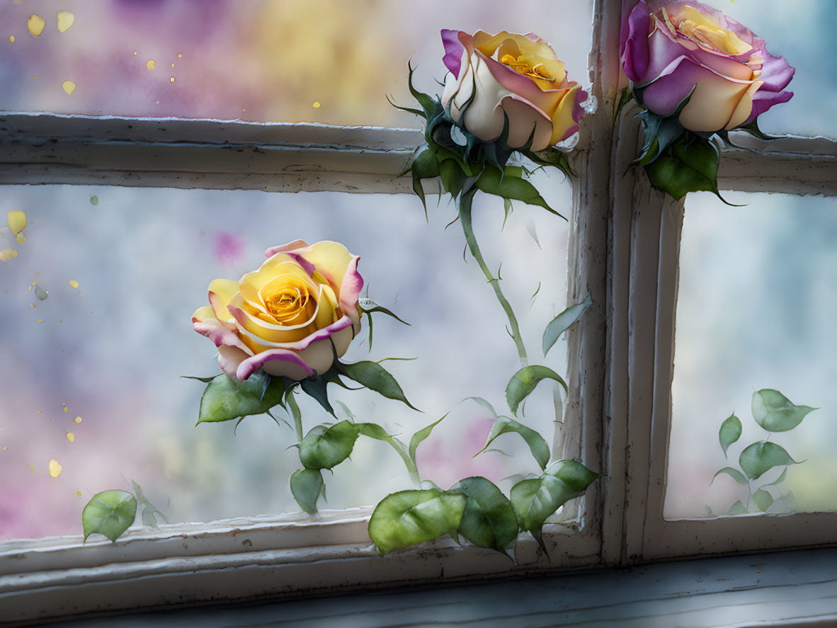 Three vibrant roses and green leaves around old window frame with colorful bokeh.