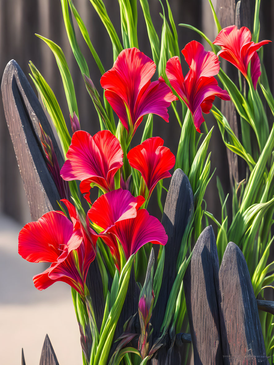 Striped red flowers and cacti by wooden fence