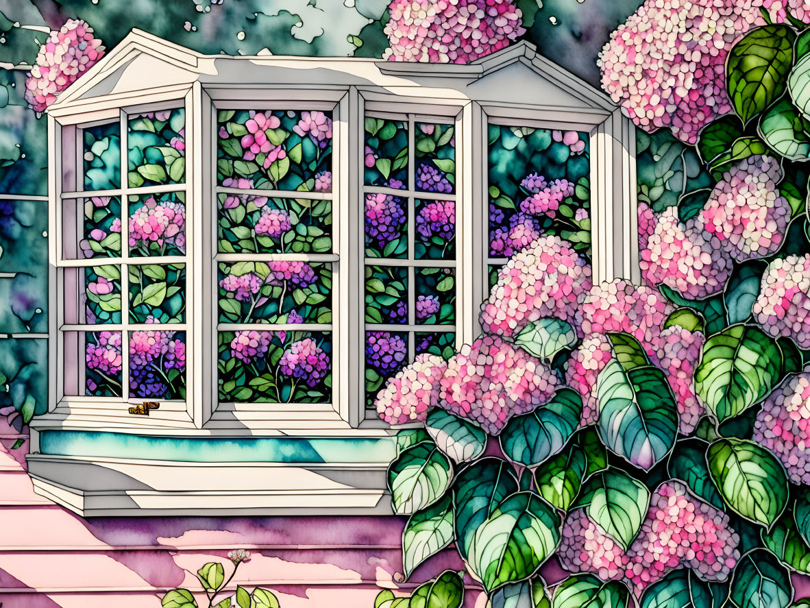 Colorful Bay Window with Pink and Purple Hydrangeas on Textured Background