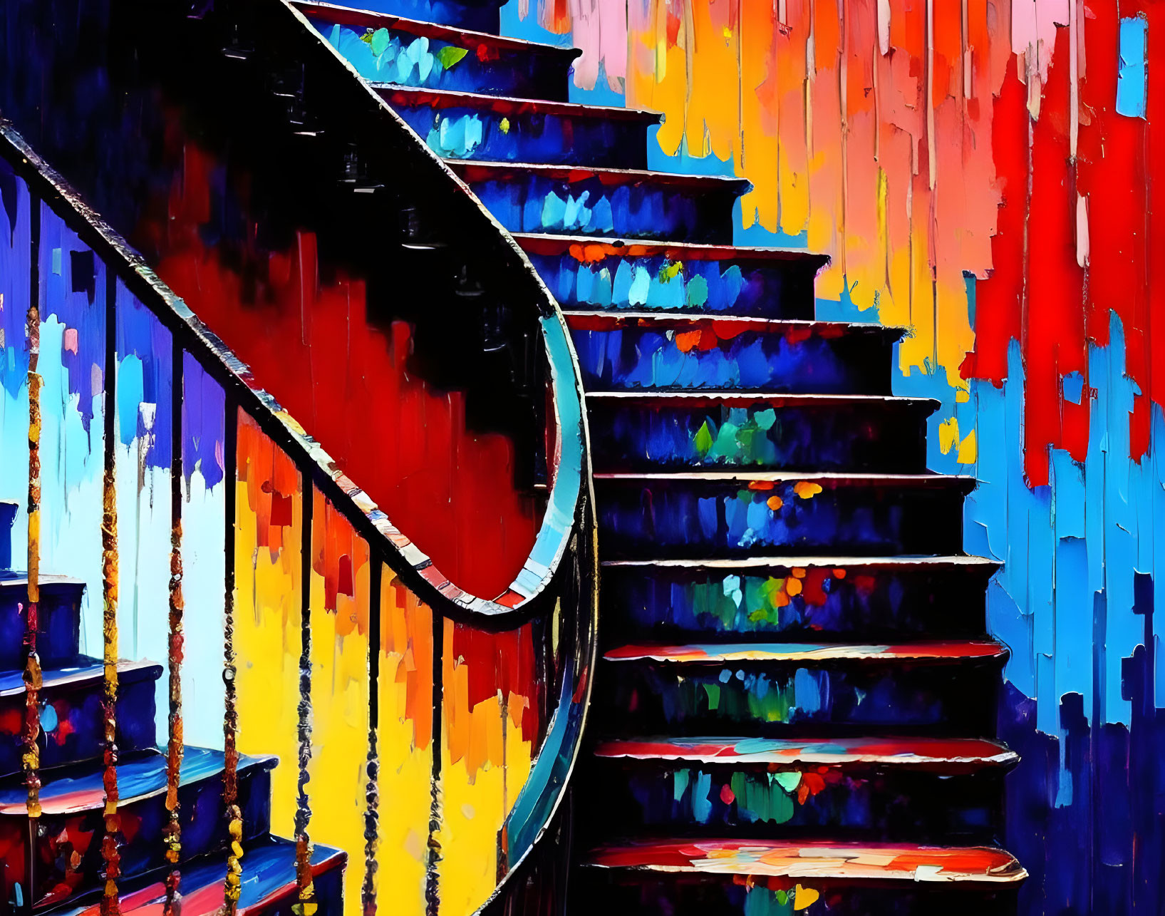 Colorful Painting of Spiral Banister Staircase with Dripping Paint