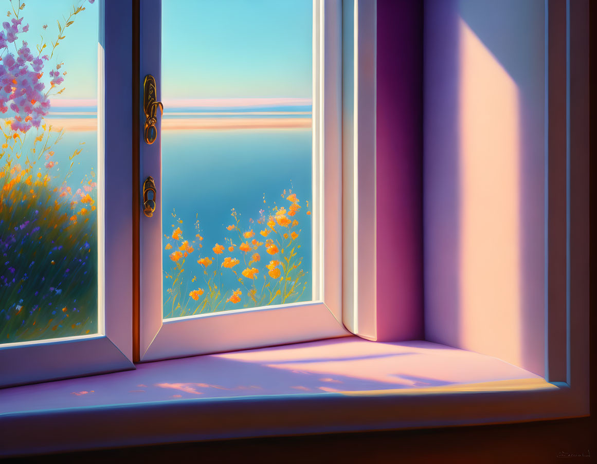 Tranquil sea view at sunset through open window