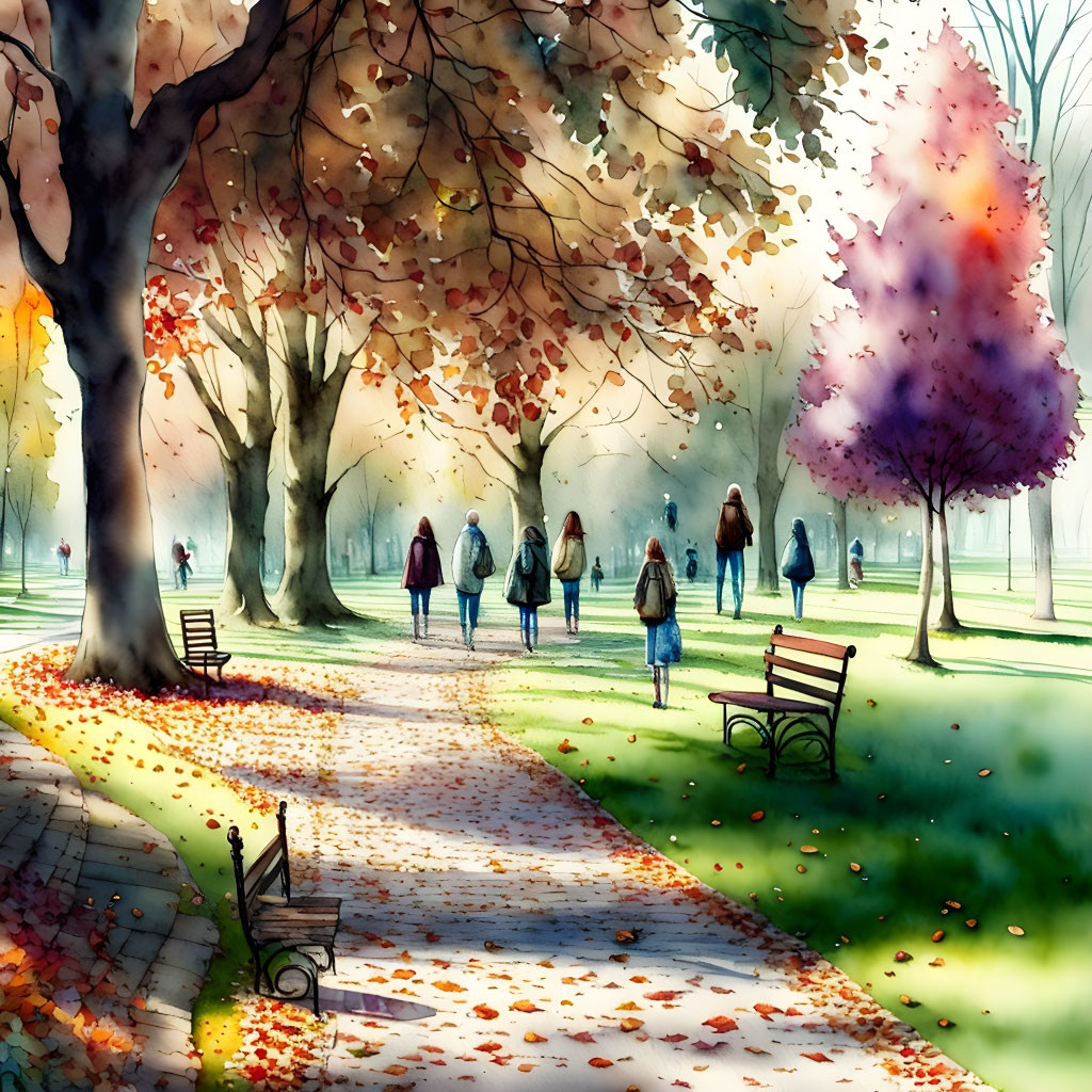 Autumn park scene with people walking on path and colorful trees