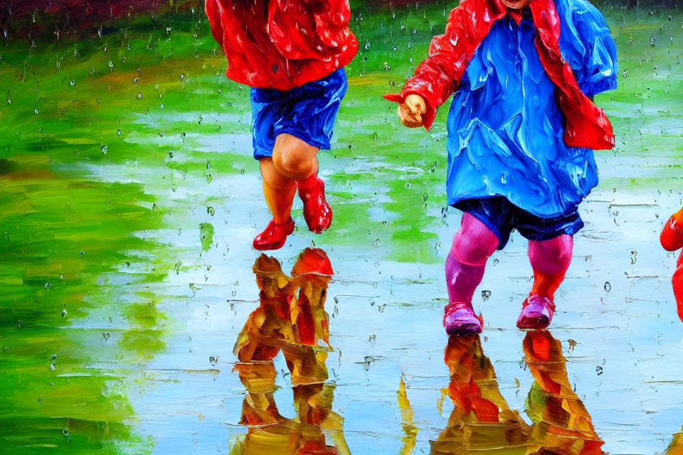 Children in Red and Blue Raincoats Jumping in Puddles with Reflections in Rainy