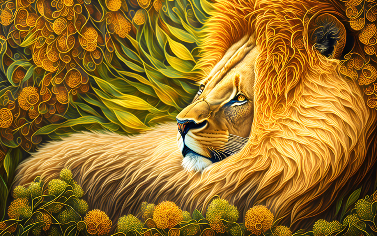 Regal lion with golden mane in lush foliage landscape