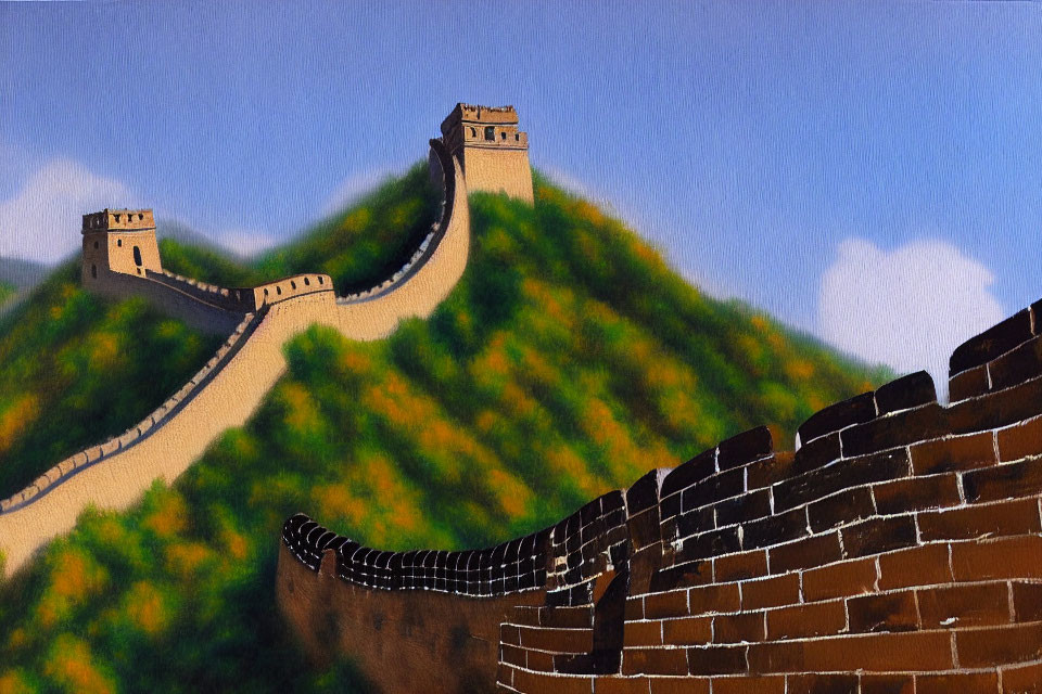 Scenic painting: Great Wall of China over lush green mountains