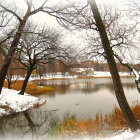 Winter Landscape Painting: Snow-Covered Pond & Bare Trees