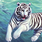 White Tiger Swimming in Greenish-Blue Water