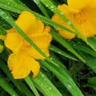 Bright Yellow Flowers and Water Droplets on Green Leaves