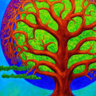 Colorful Stylized Tree Painting with Red Trunk and Green Leaves