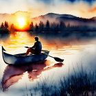 Two People in Canoes on Calm Lake at Sunset