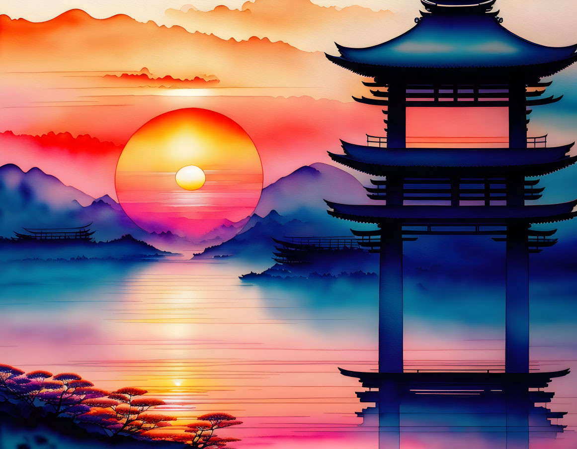 Japanese Pagoda Silhouette Against Sunset Mountain Landscape