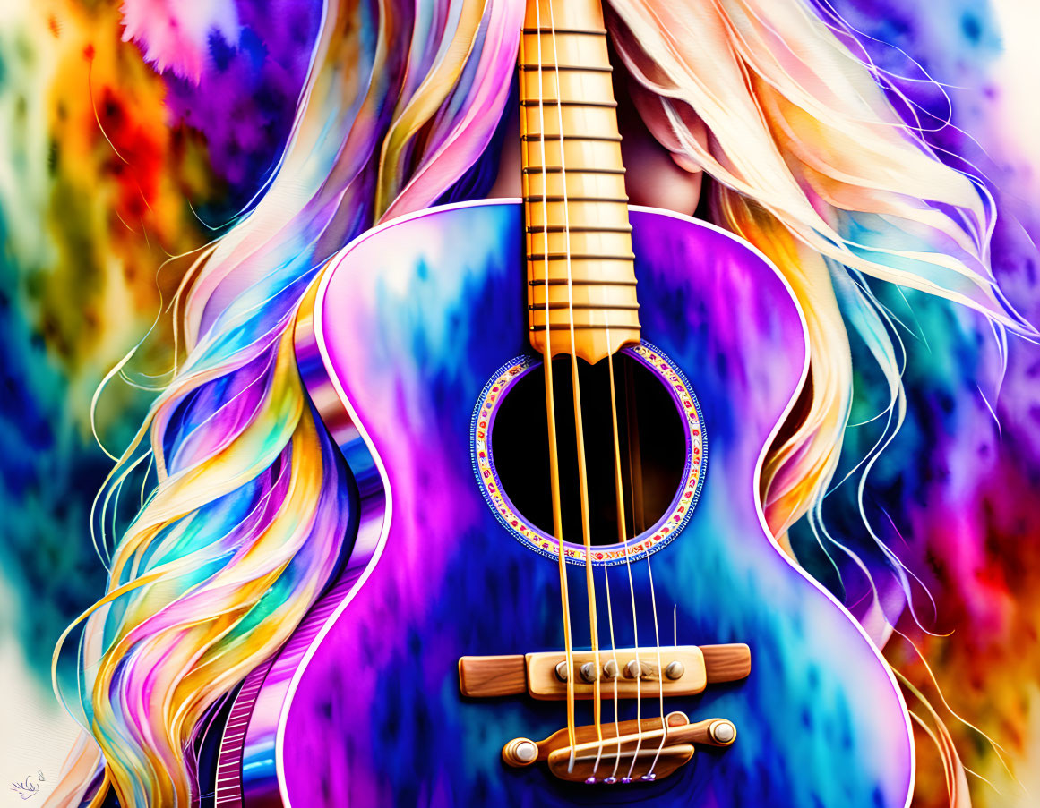 Colorful Guitar Artwork with Flowing Hair Strands on Psychedelic Background