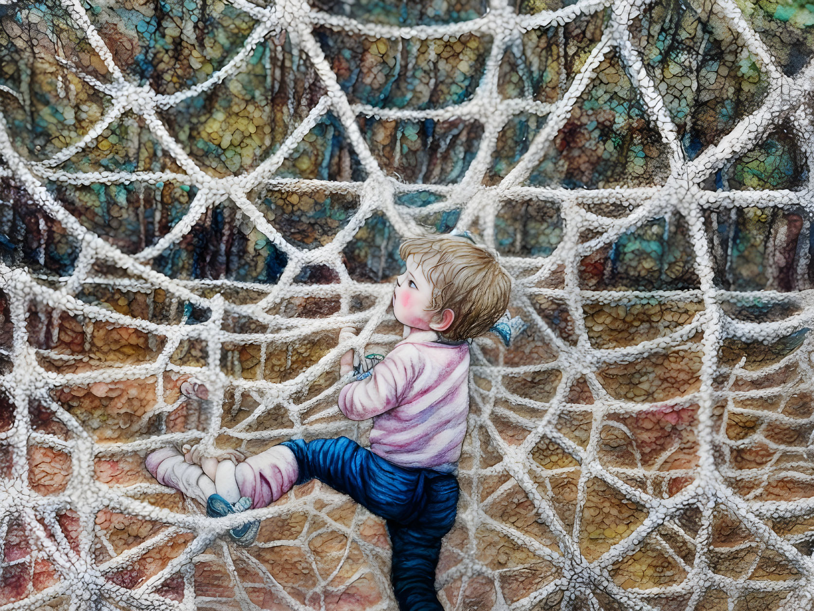 Child in Pink Top Climbing White Rope Net