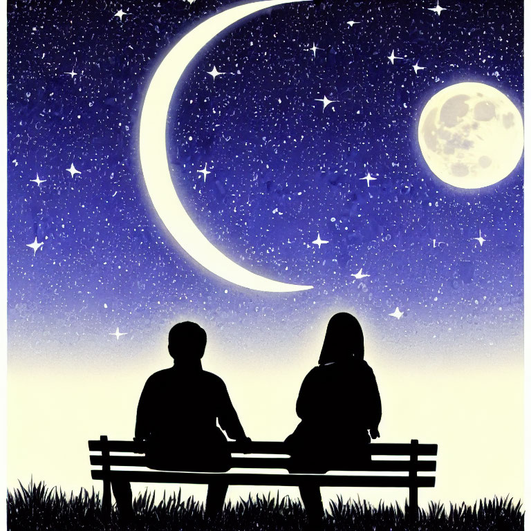 Silhouetted figures on bench under starry sky with crescent and full moon