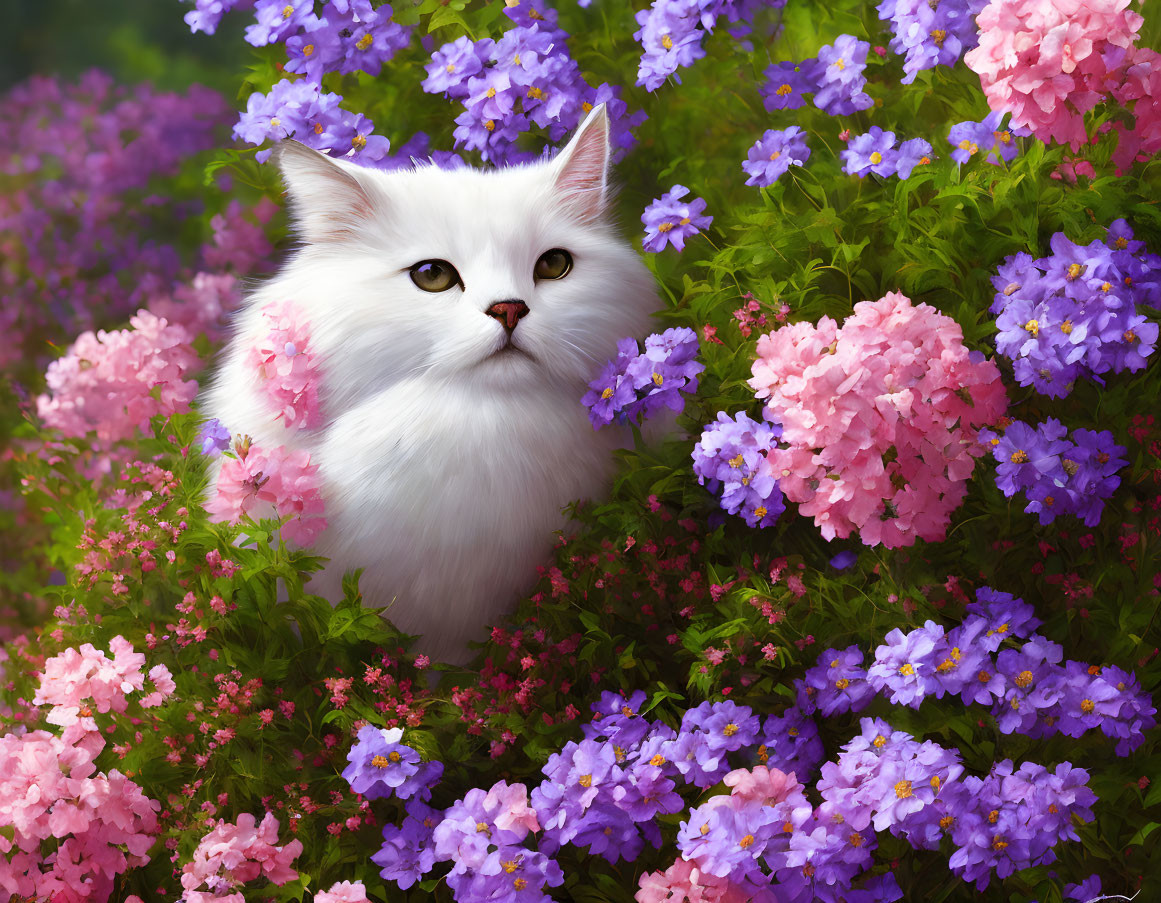 Fluffy white cat with striking eyes in vibrant garden