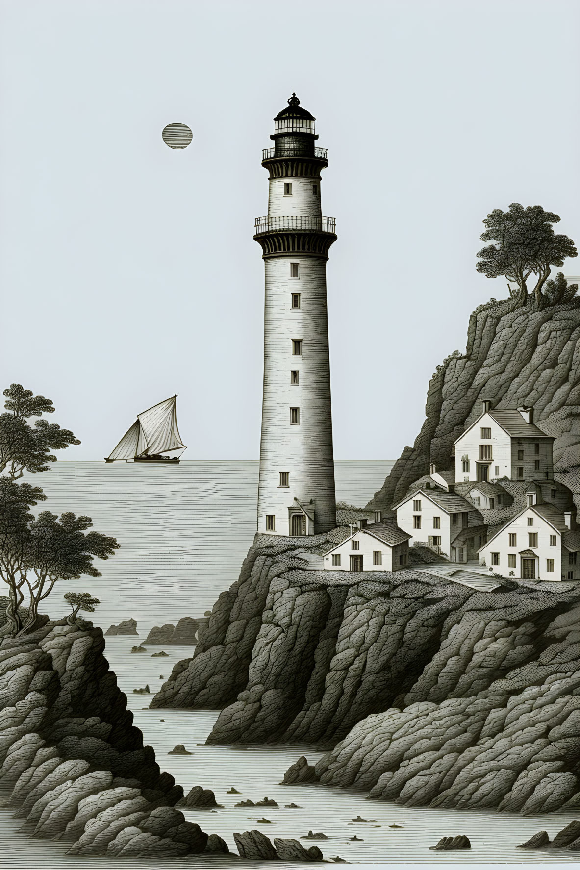 Monochrome artwork: lighthouse, cliffs, houses, sailboat, planet.