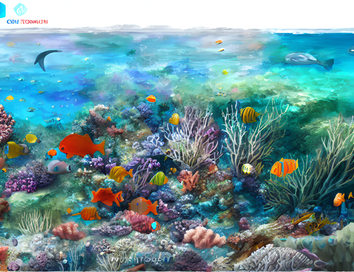 Colorful Fish, Corals, and Dolphin in Vibrant Underwater Scene