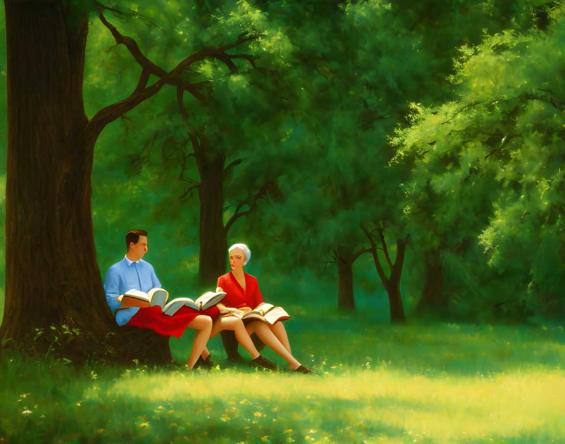 Two people reading books under a tree in a sunny park surrounded by greenery