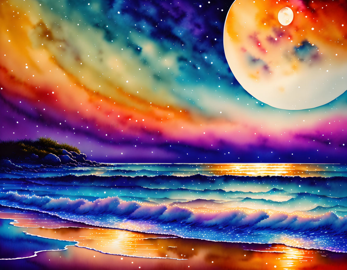 Colorful Surreal Seascape with Moon and Sparkling Water