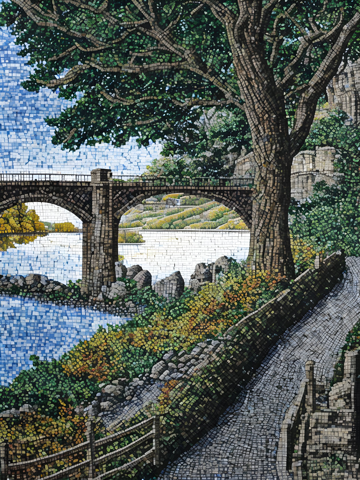 Scenic landscape mosaic with stone bridge, river, trees, rocks, blue sky