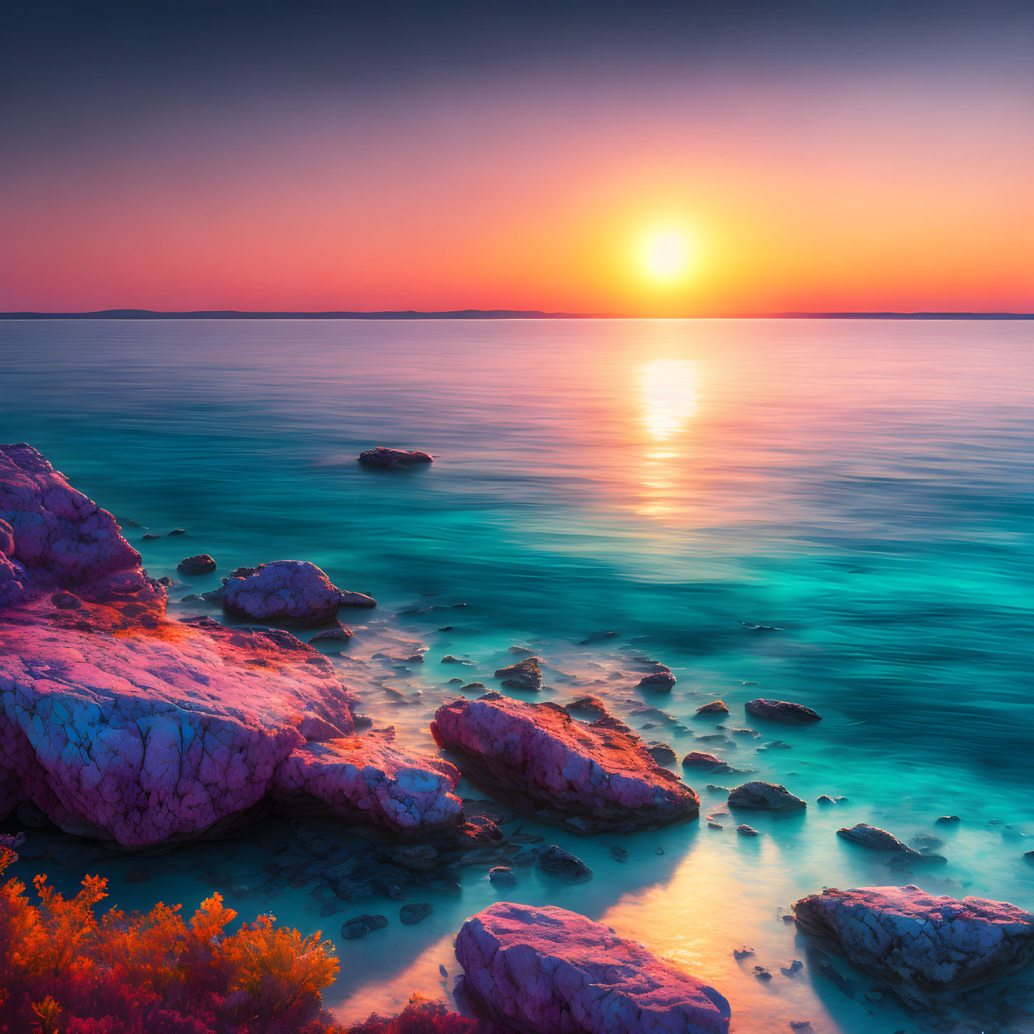 Scenic sunset over calm sea with pink and orange hues and rocky shores