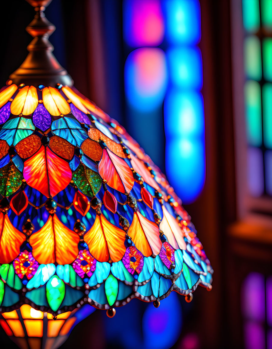 Colorful Stained Glass Lamp on Blue Bokeh Background