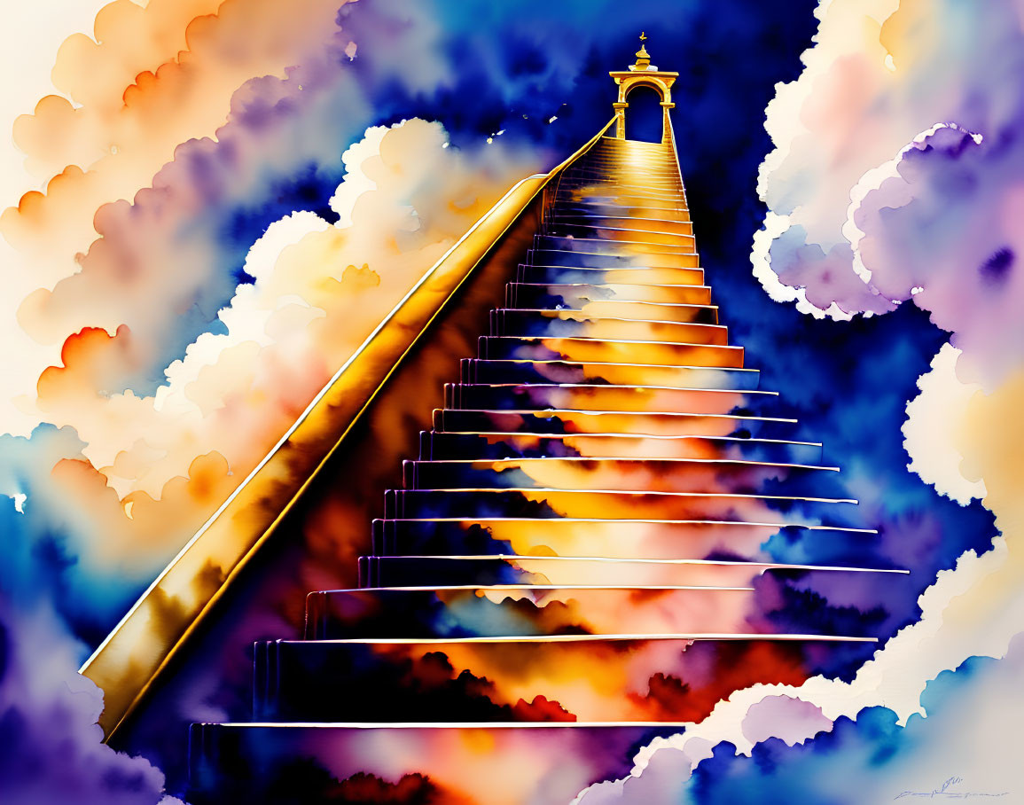 Vibrant digital artwork: Staircase to lighthouse in dreamlike watercolor.