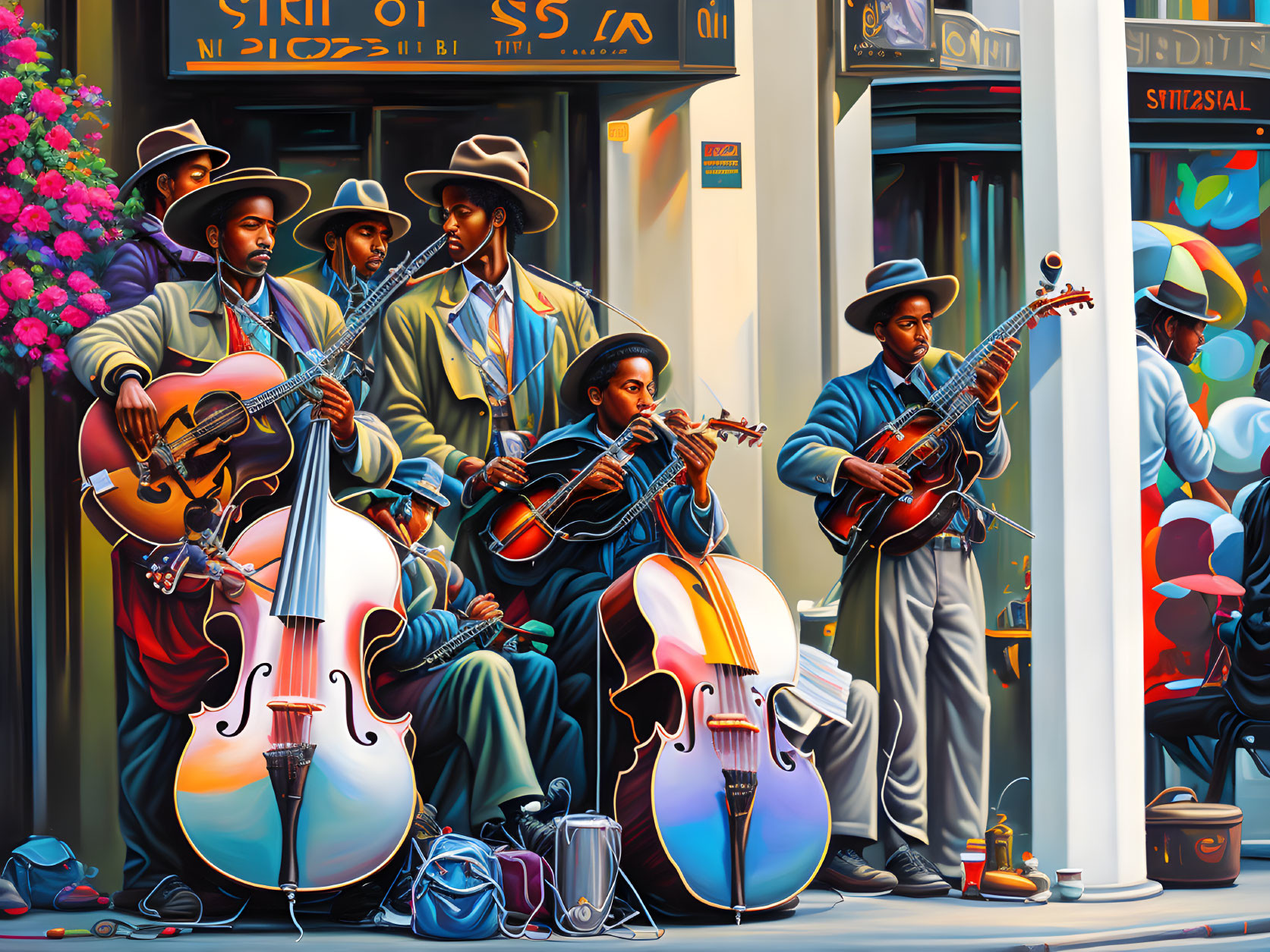 Colorful Painting: Five Musicians with String Instruments on City Sidewalk