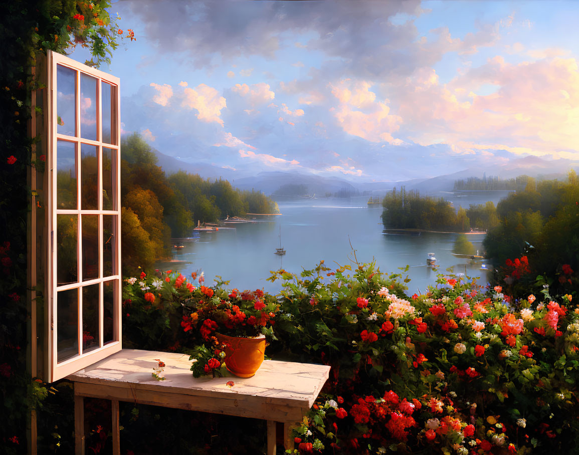 Serene lake view through open window with lush forests and mountains, under cloudy sky.